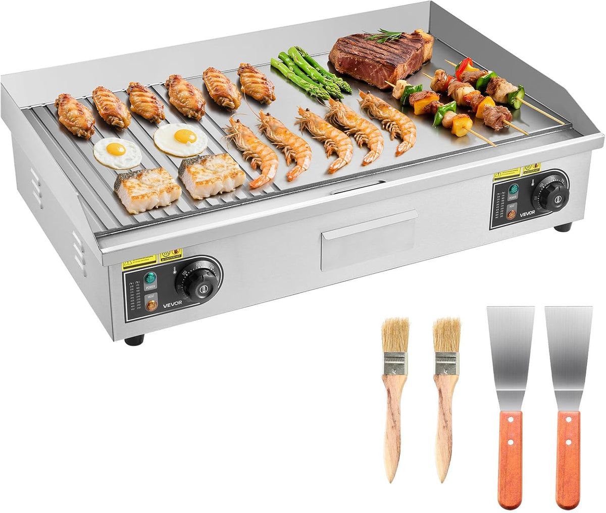 piastre VEVOR 4400 W 300°C 725 x 400 mm Regolabile Acciaio Inox, Kit Accessori per Bistecche BBQ Feste Campeggio
