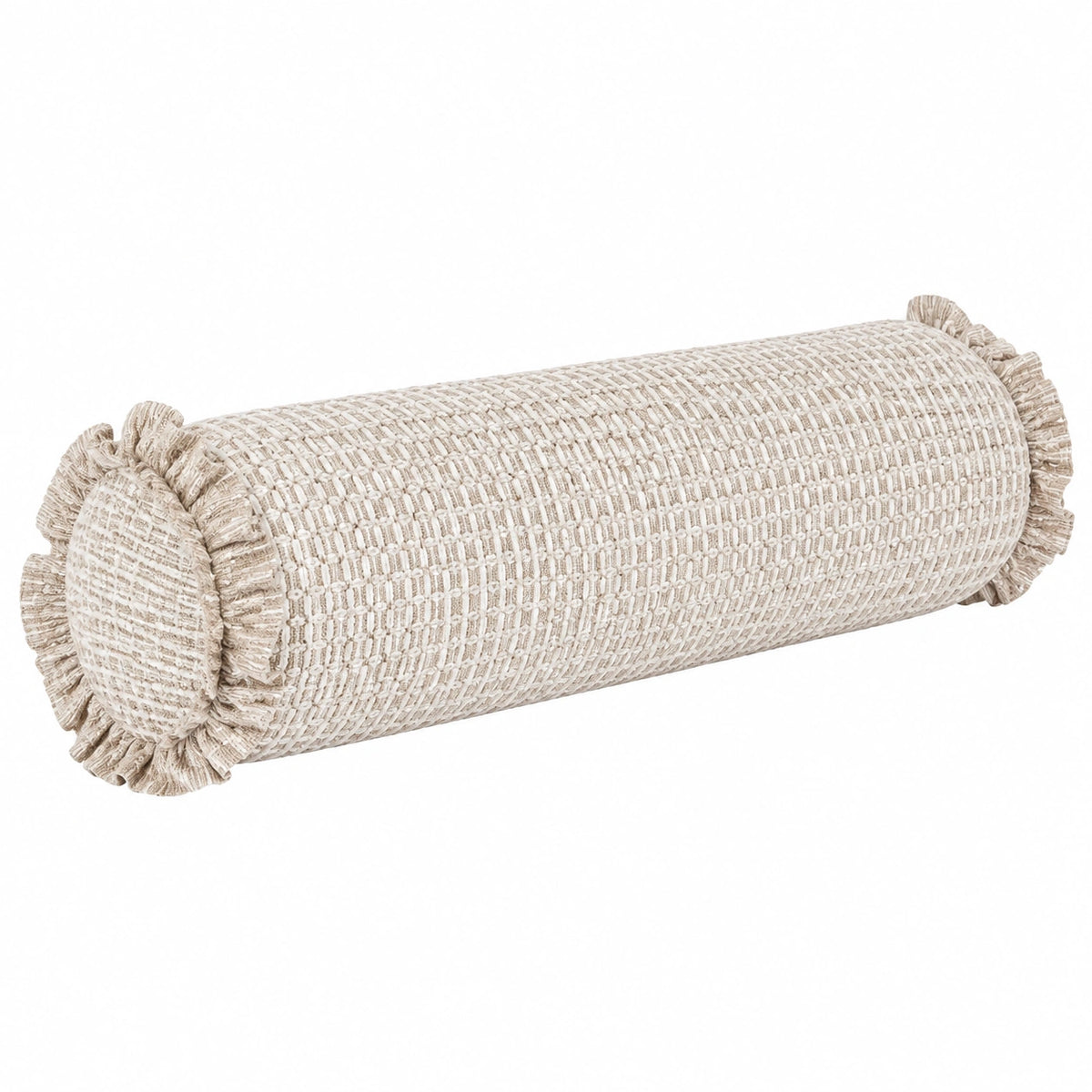 Cuscino cilindrico 15 x 45 cm in tessuto beige con frange decorativo