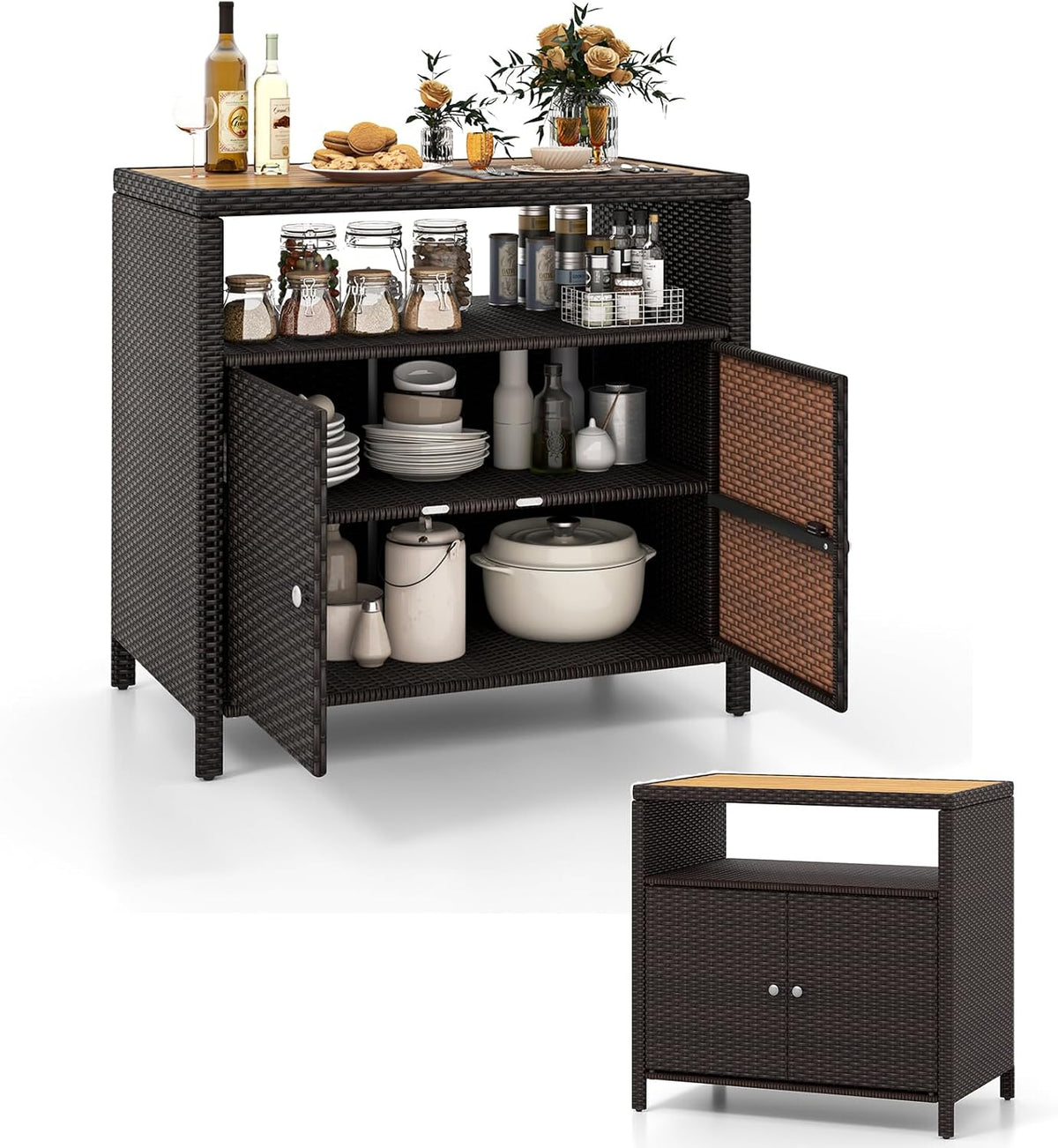 KOMFOTTEU armadio 90 x 53 x 86 cm marrone, KOMFOTTEU Armadio da Esterno Impermeabile in Rattan, Credenza da Cucina