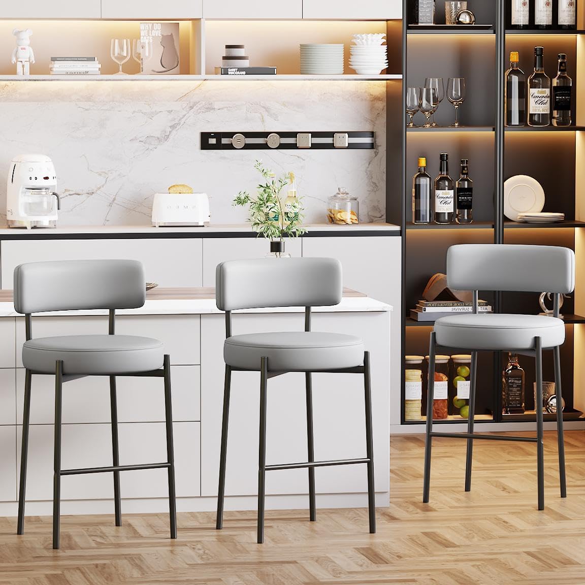 sgabelli da bar Ckaff 63,5cm grigio, Sedie da Cucina con Schienale e Poggiapiedi, Seduta alta 63,5cm per Bar