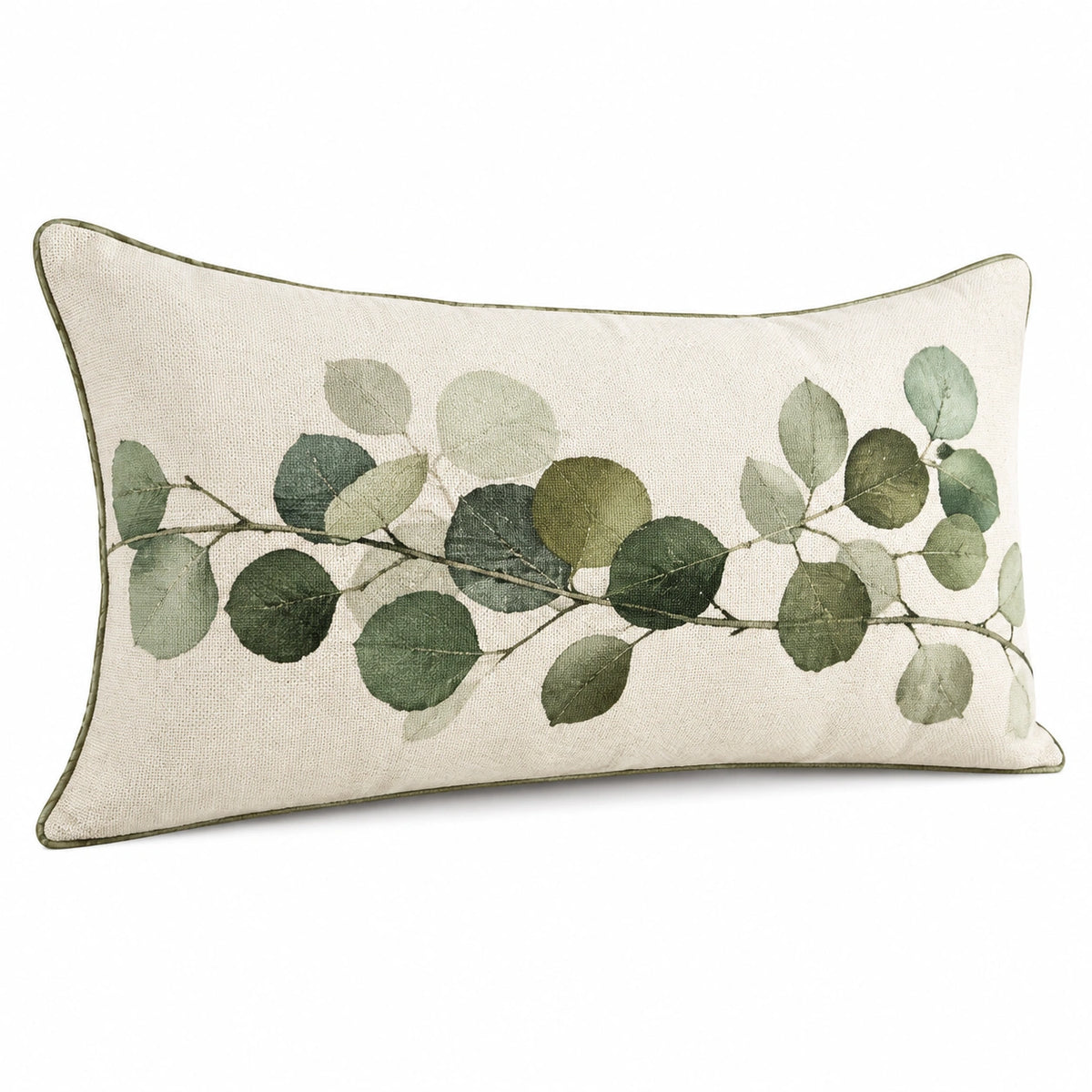 Cuscino decorativo rettangolare 50 x 30 cm in tessuto beige e verde con motivo foglie