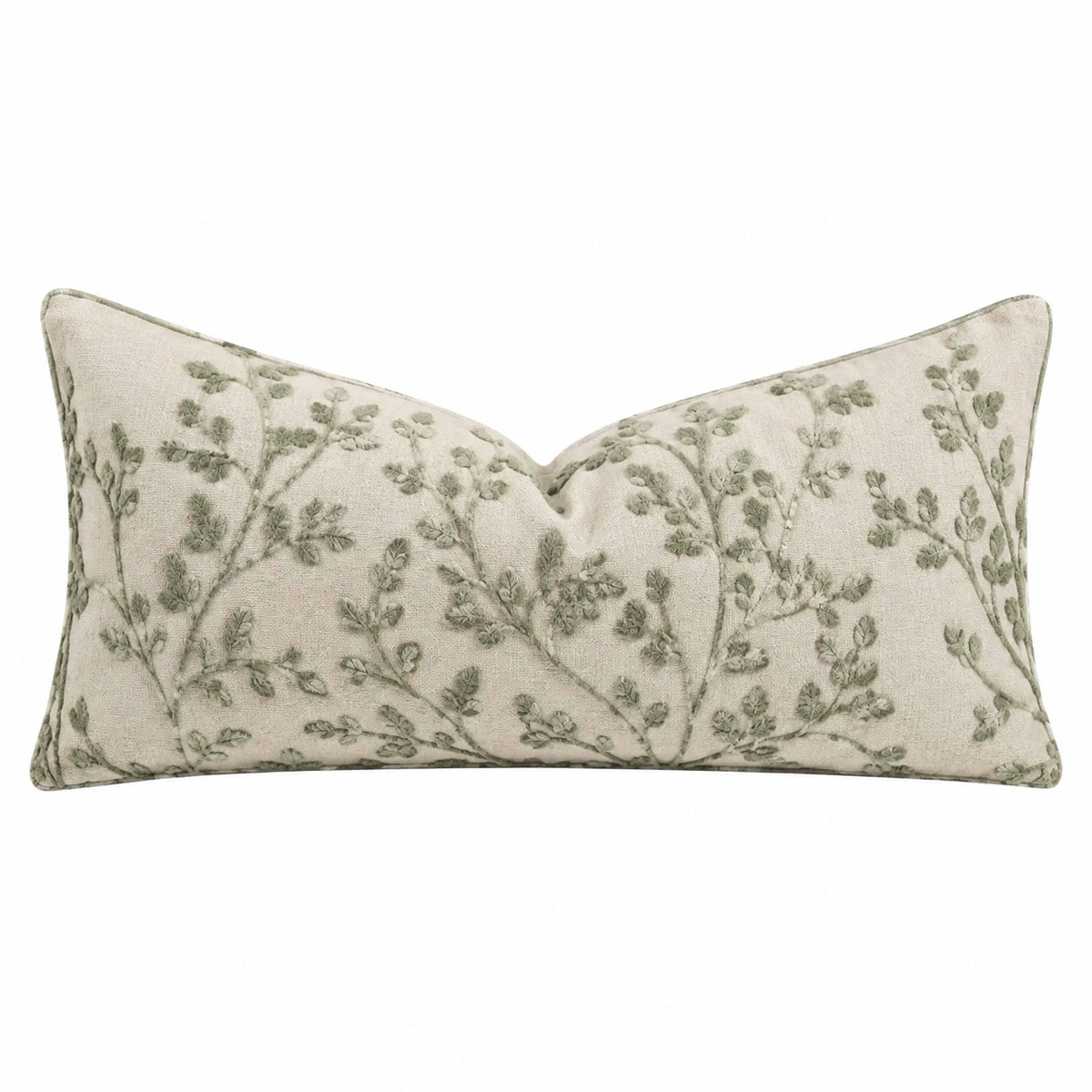 Cuscino decorativo 50 x 30 cm in tessuto beige e verde con ricamo floreale - stile botanico