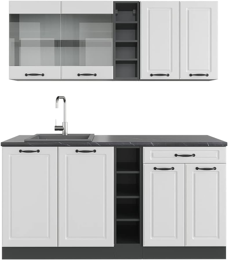 Vicco moduli componibili 160 cm, Vicco Cucina completa R-Line, Bianco rustico/antracite, 160 cm senza piano di lavoro