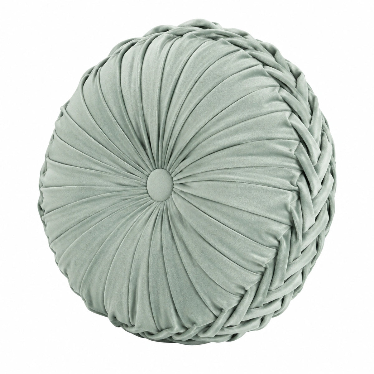 Cuscino rotondo diametro 40 cm in velluto verde salvia con pieghe decorative