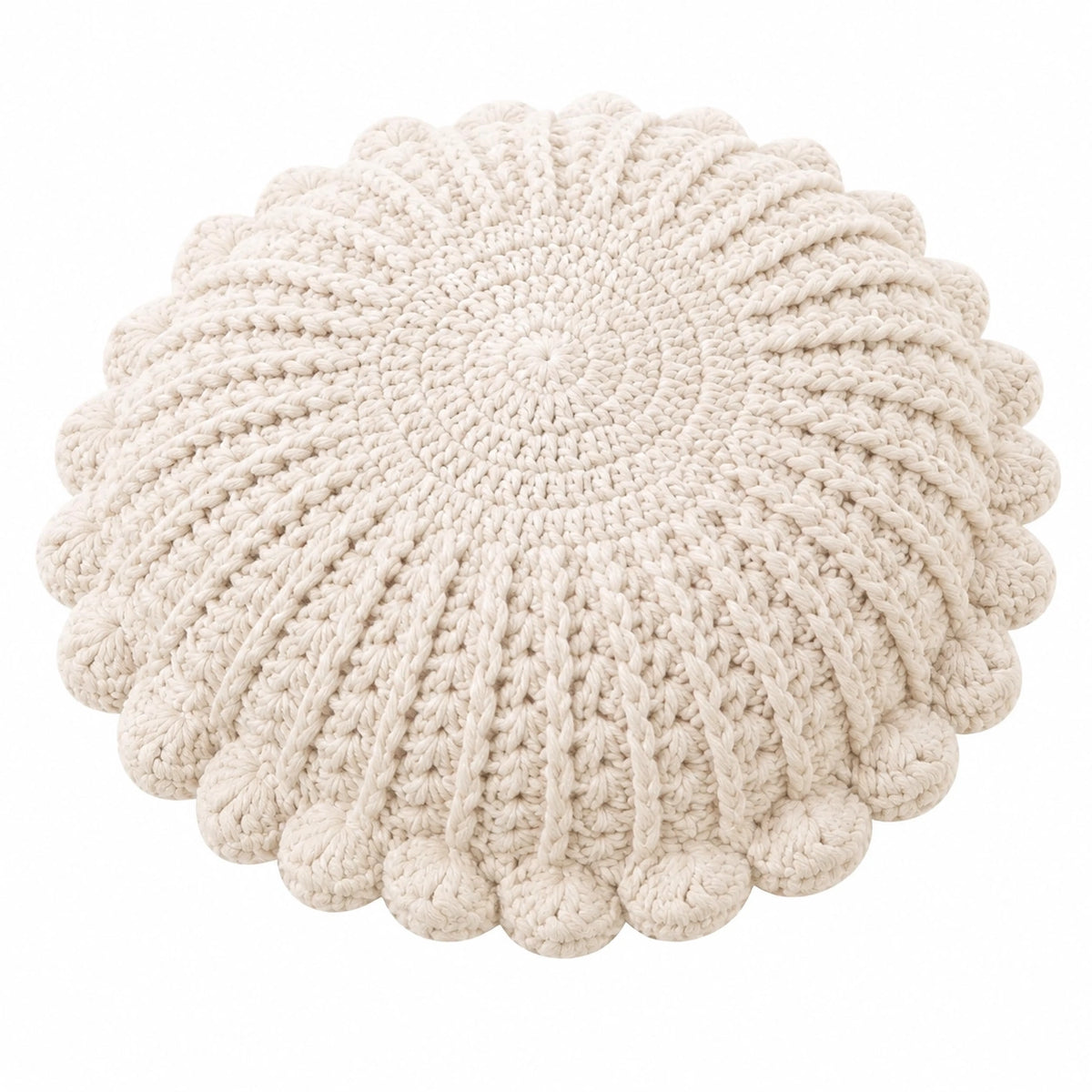 Cuscino rotondo 40 cm in filato color crema - lavorazione a maglia decorativa