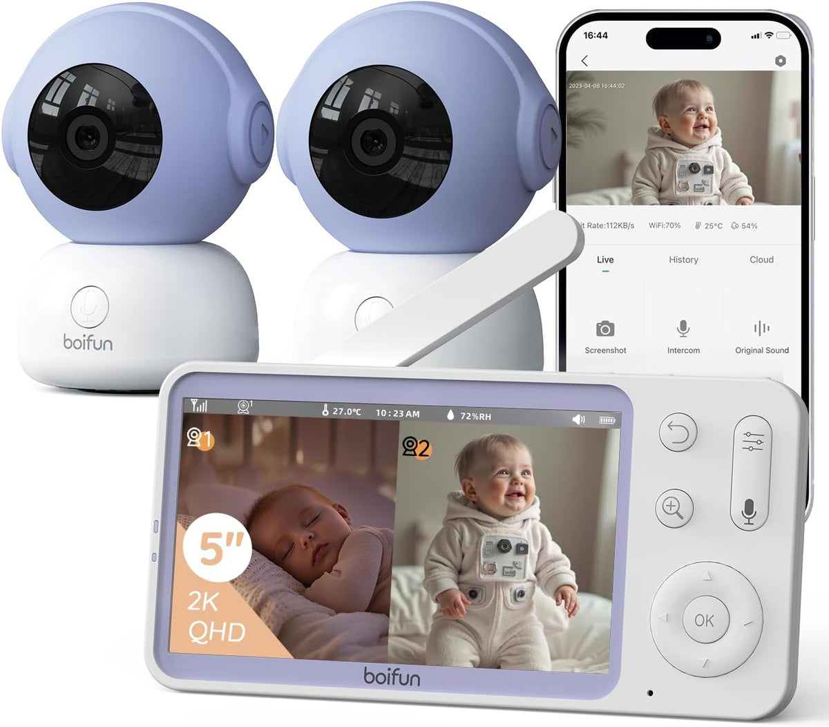monitor BOIFUN 5', Boifun Baby Monitor Video e Audio 2K con 2 Telecamere, Schermo 5'' IPS, Controllo da APP Mobile & Display