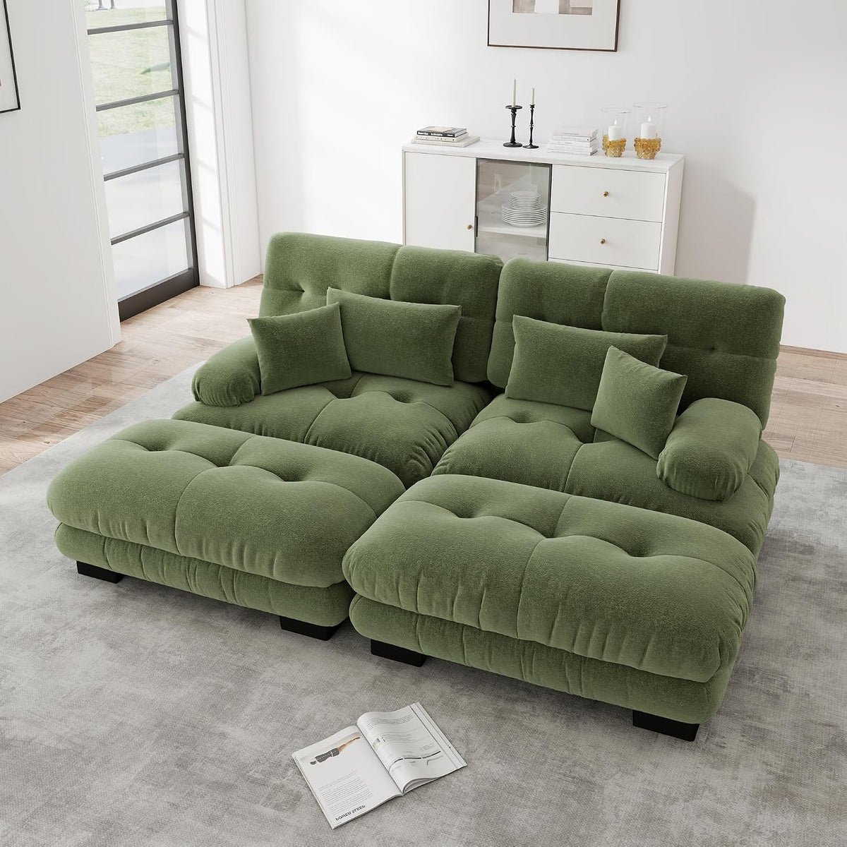 divano NuvlaGu Ciniglia verde, Cloud Divano Angolare Ciniglia 2 Posti con Pouf, Divano Imbottito con Braccioli Larghi
