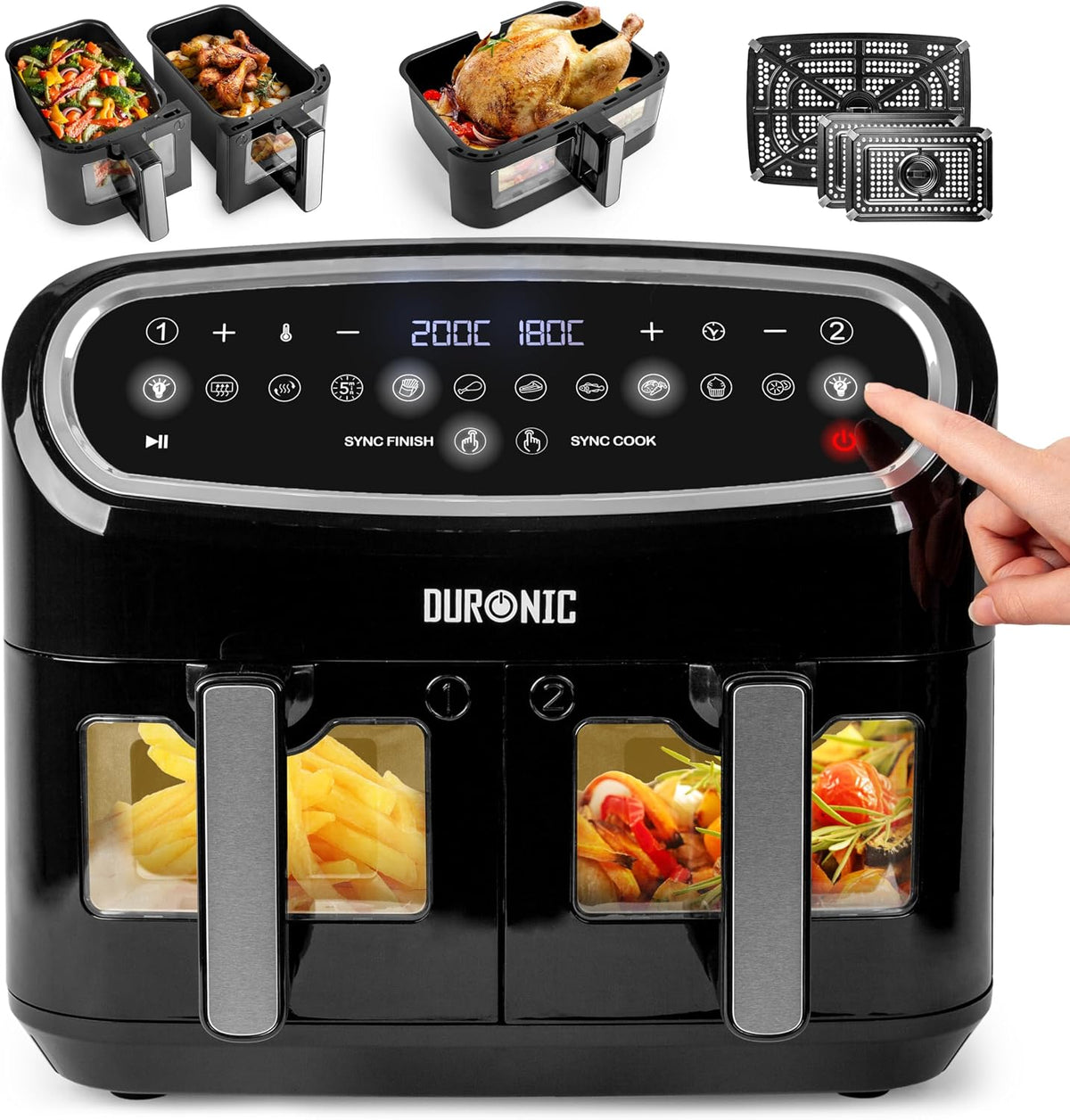 friggitrice ad aria Duronic 2400W 10L 5L nero, Air Fryer con 2 Cestelli da 5L e 1 Cestello Grande da 10L