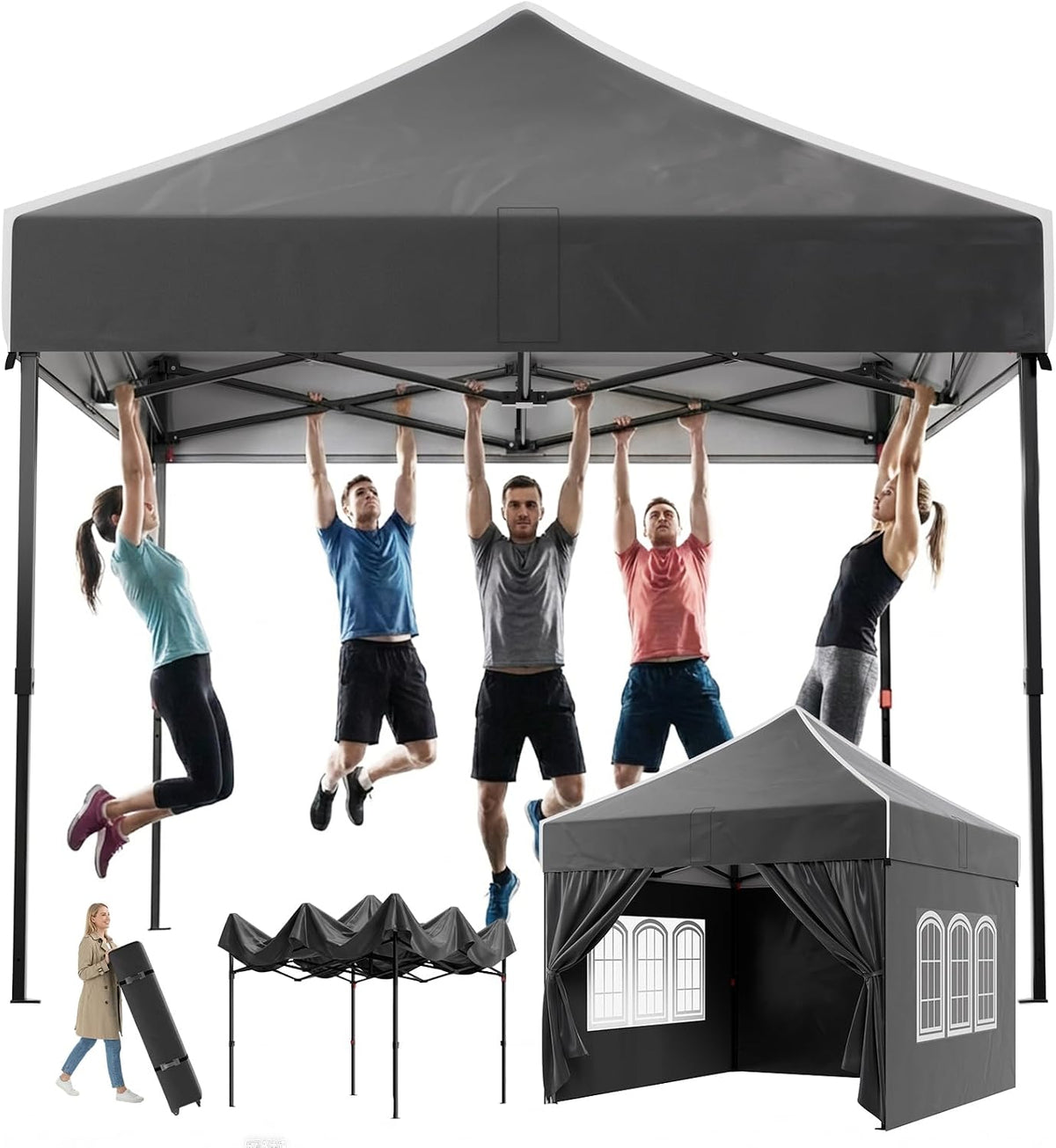 gazebo Devoko regolabile pieghevole nero, resistente all'inverno, gazebo pieghevole con 4 pareti laterali