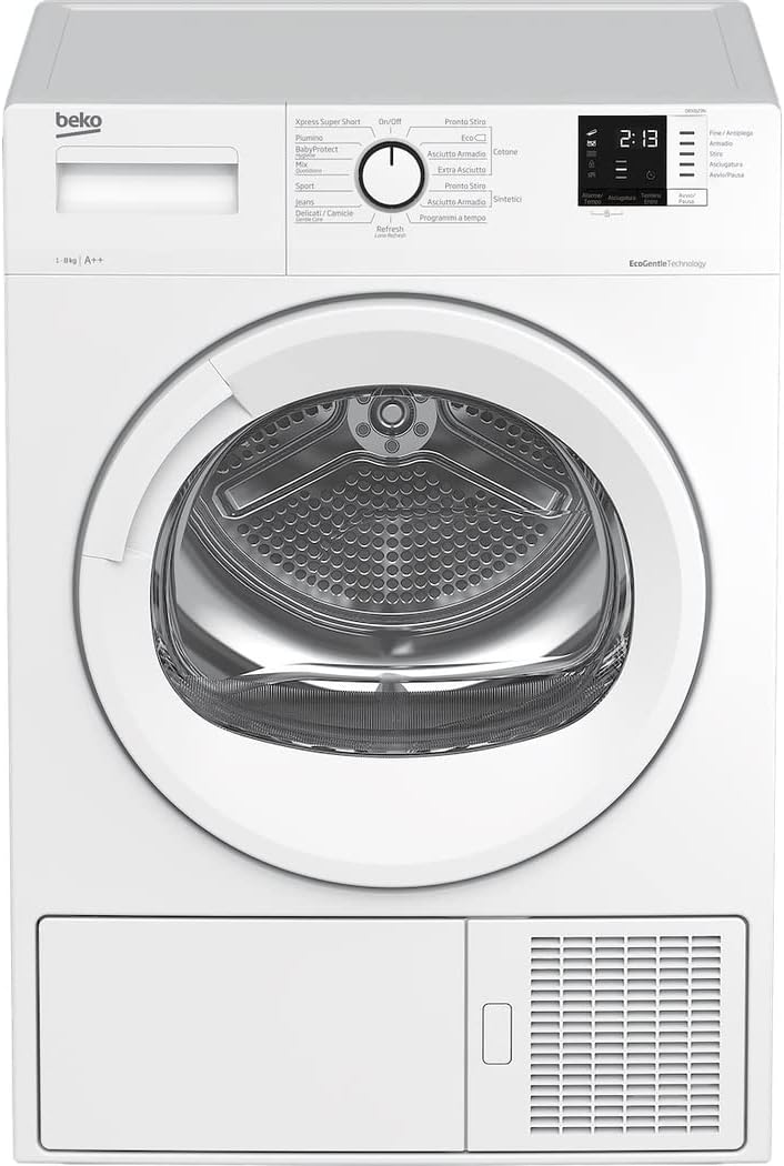 Beko asciugatrice DRX823N 8kg 8cm bianco, linea estetica Basic, Display Digit, oblò bianco con manopola bianca