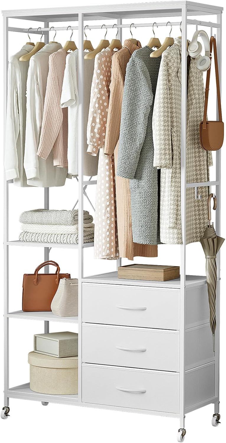 armadio Mintnook con Cassetti bianco, Stand Appendiabiti, Attaccapanni Moderno, Ripiani Regolabili