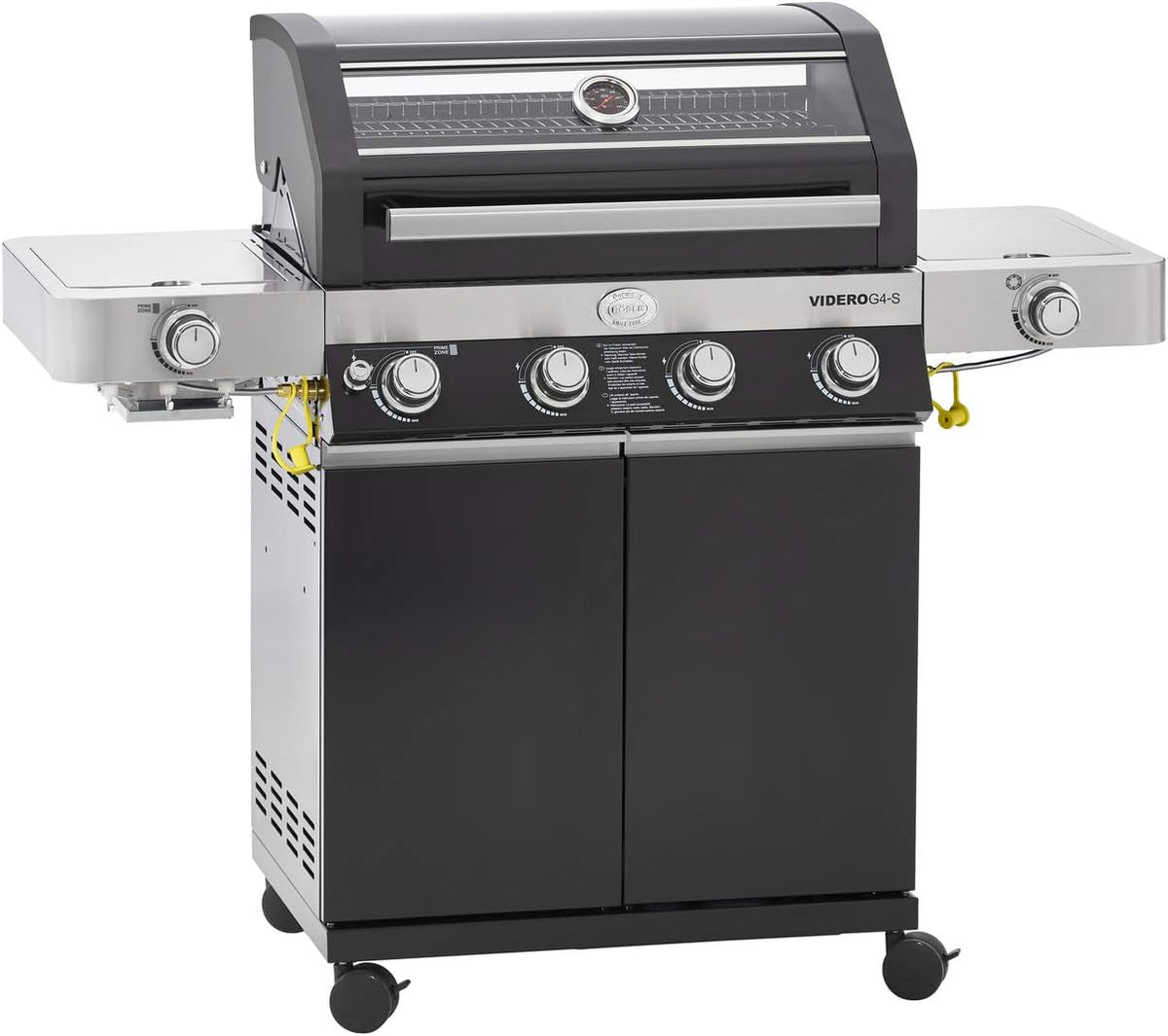 barbecue RÖSLE a gas acciaio inox nero, stazione BBQ VIDERO G4-S, primezone e bruciatore laterale