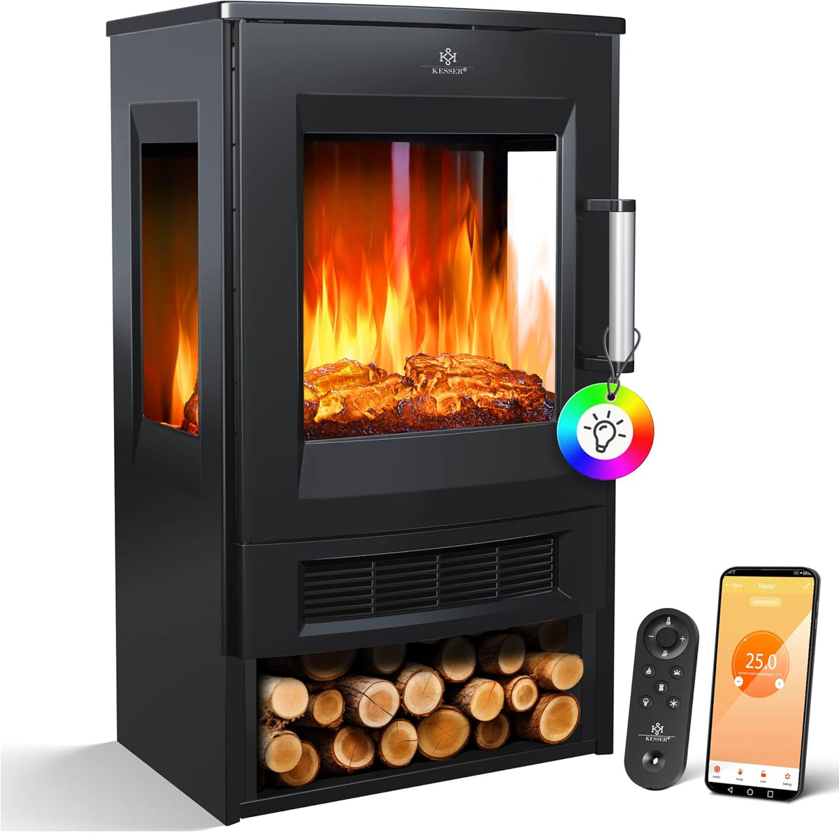 KESSER ventilatore 1800 W LED WiFi nero, KESSER® Camino elettrico riscaldamento, finestra panoramica
