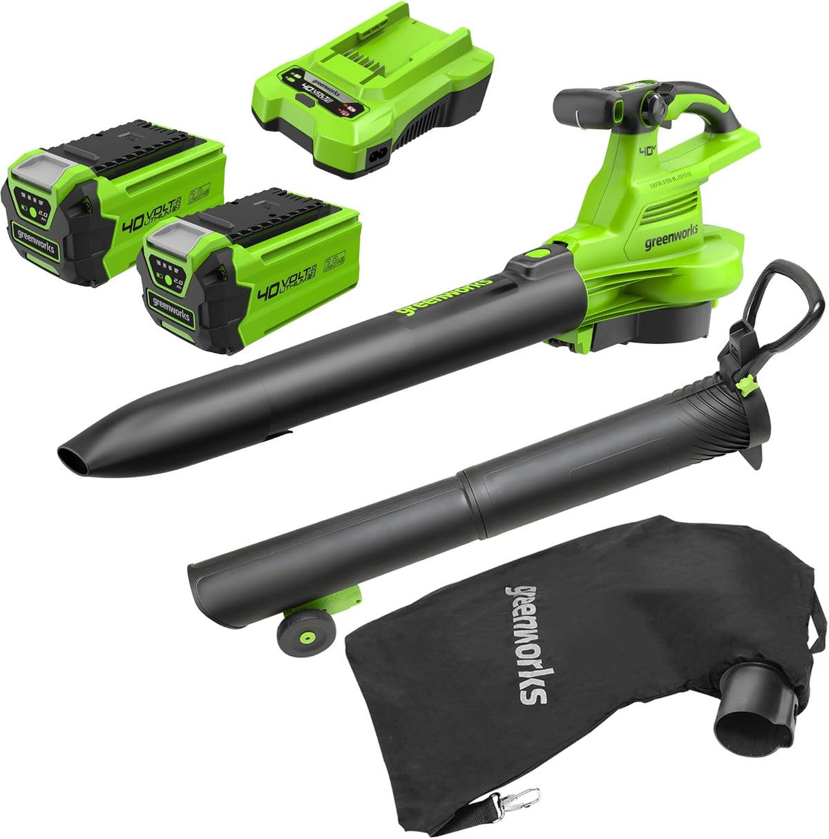 Greenworks soffiatori per foglie GD40BVIIK2X 45L, Greenworks 40V Aspiratore Soffiatore a Batteria per Foglie