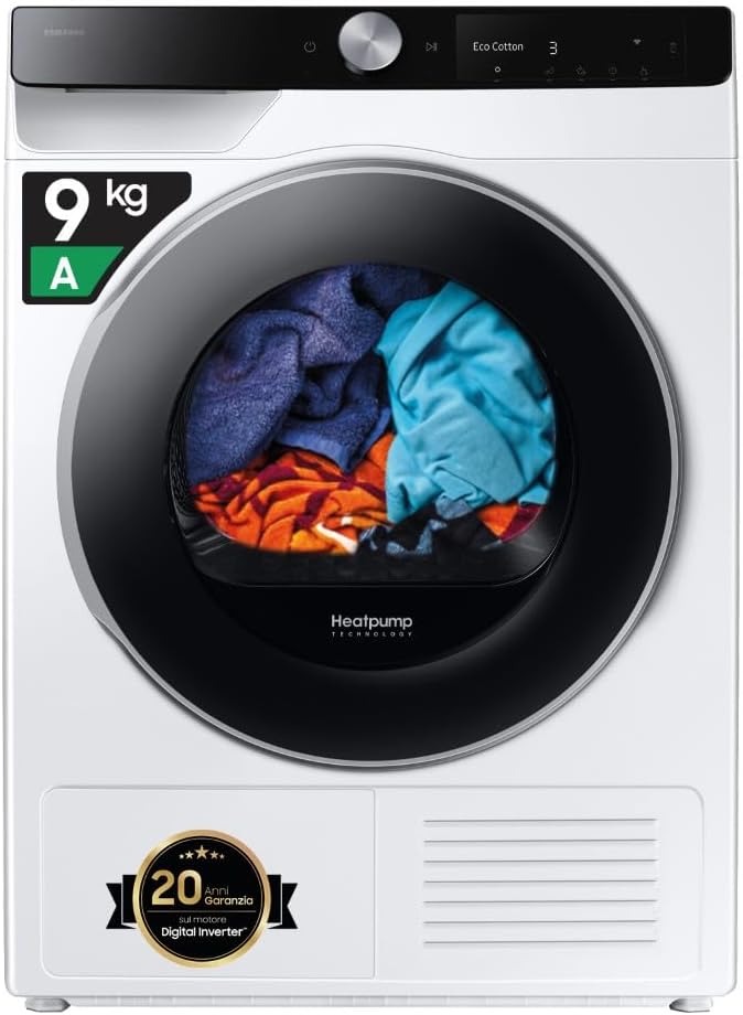 Samsung asciugatrice DV90DG6845LEU3 9 kg Wifi, Pompa di Calore, Tecnologia Optimal Dry, Carica Frontale