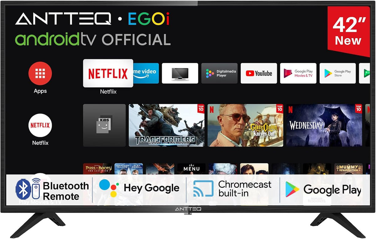 Antteq tv AG42F3 42 Pollici 106cm Smart LED Bluetooth, Bluetooth Triple Tuner(DVB-C/S2/-T2), App Play Store(DAZN/Netflix/Prime Video)