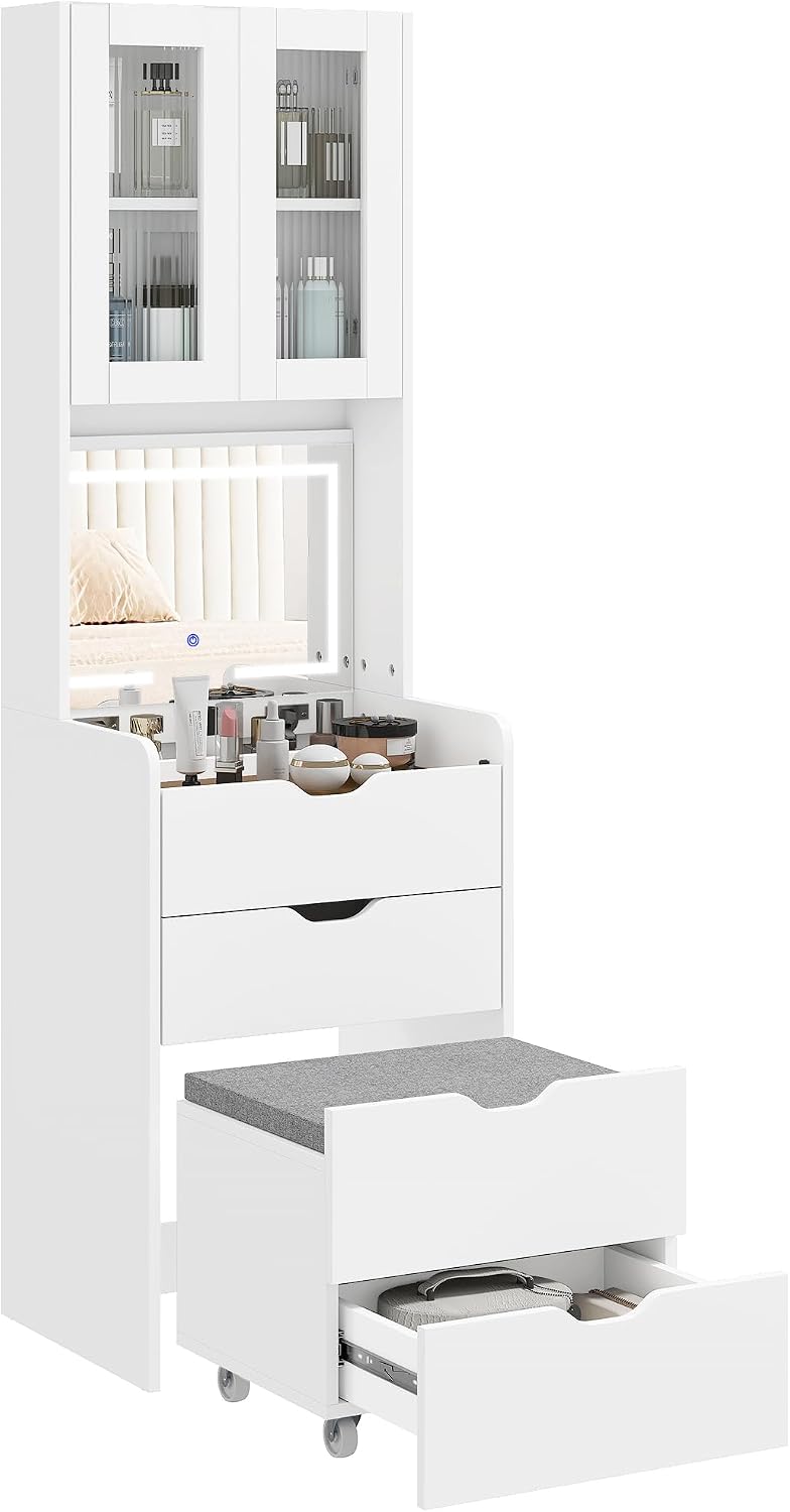 toeletta HOMCOM LED, HOMCOM Postazione Trucco con Luci LED a 3 Colori, Specchio a Ribalta, Sgabello a Scomparsa