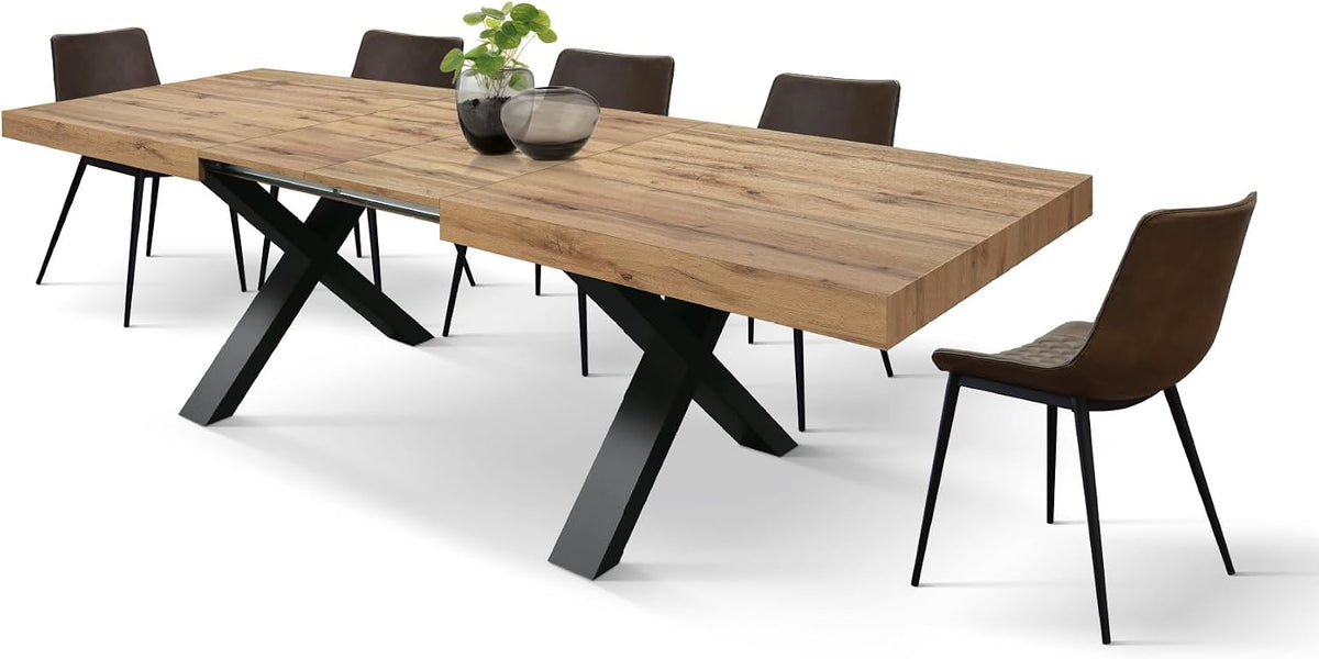 PAZZO DESIGN tavolo 160x90x76 cm, Gambe Incrociate X Nere, Made in Italy, Rovere Rustico