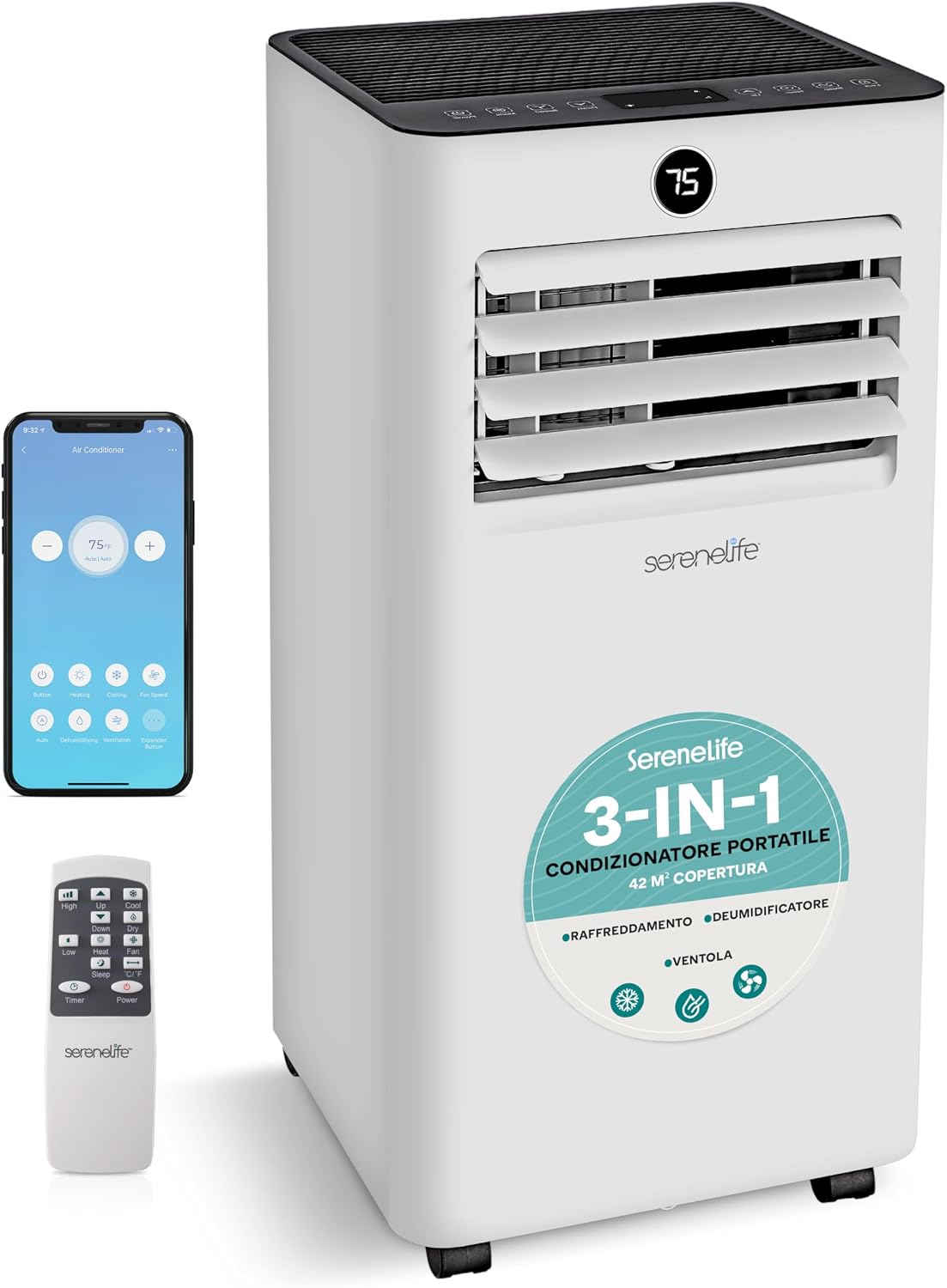 SereneLife condizionatore 9000 BTU WiFi con Telecomando, Kit Finestra, Deumidificatore e Ventilatore
