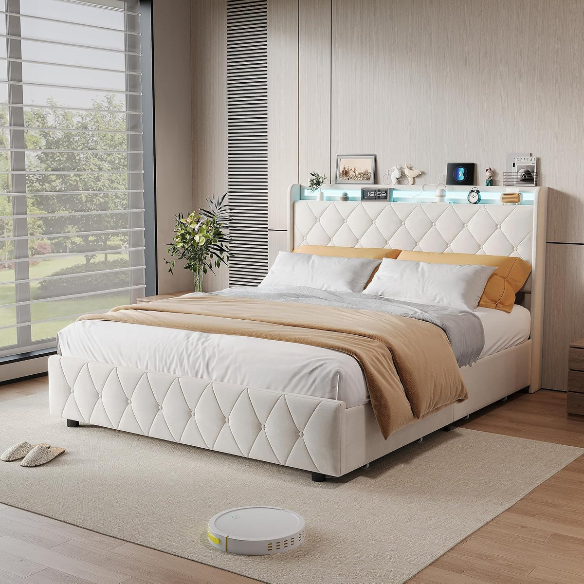 KSFASHZ letto LED, Letto imbottito 160 x 200 con 4 cassetti, letti imbottiti con LED USB