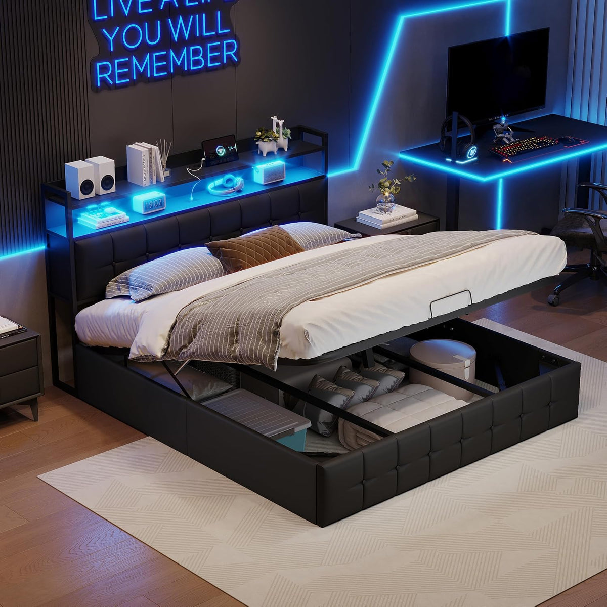 letto Zorvani 140x190 cm LED, Letto imbottito 140x190 cm con Contenitore idraulico, testiera con vano portaoggetti