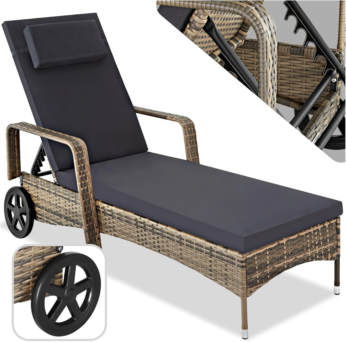 lettini tectake Alluminio con Ruote, tectake® Lettino prendisole Cassis in Alluminio e Rattan, Design Molto Elegante