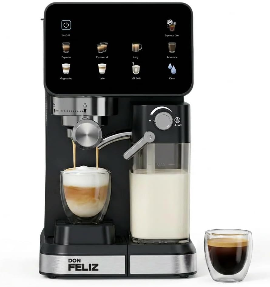 Don Feliz macchina da caffè 1350 W 1,5 l, con display LCD, serbatoio del latte da 500 ml, serbatoio dell'acqua da 1,5 l