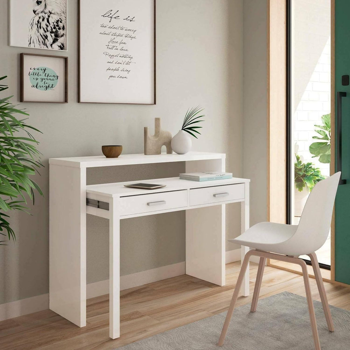 Dmora scrivania bianco, Scrivania con piano estensibile, Scrittoio porta PC con 2 cassetti