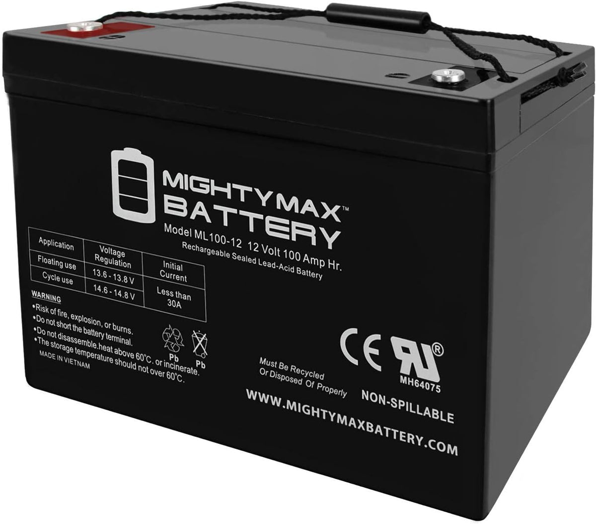 12v Mighty Max Battery ML100-12, ML100-12 - 12 Volt 100 AH, Internal Thread (INT) Terminal, Rechargeable SLA AGM Battery