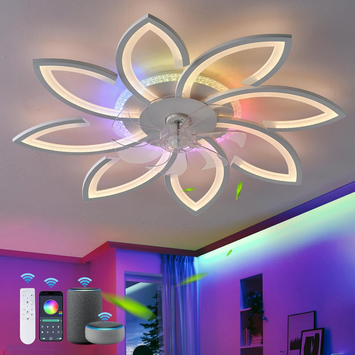 ventilatore QINGYING 6 Velocità Con Luce Reversibile bianco, Fiore RGB Lampadario Con Pale