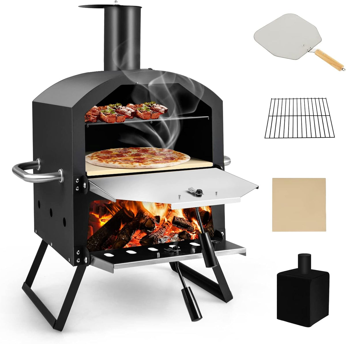 forno COSTWAY, COSTWAY Forno per Pizza da Esterno, Forno a Legna per Pizza con Gambe Pieghevoli
