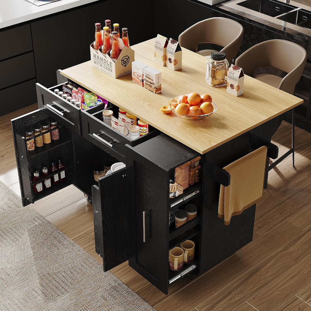 credenze mobili Huayz, Isola da cucina su ruote, 2 porte 2 cassetti, per cucina e sala da