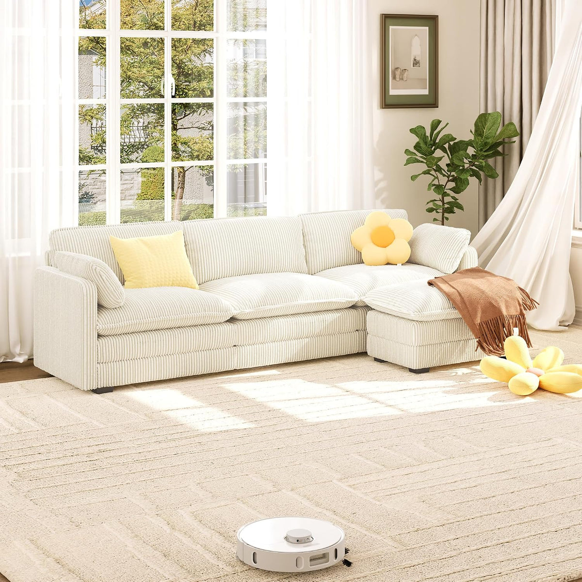 Xbro divano beige, Xbro Divano Modulare a L 3 Posti con Pouf, Divano Cloud in Tessuto a Coste, Seduta Profonda e Morbida