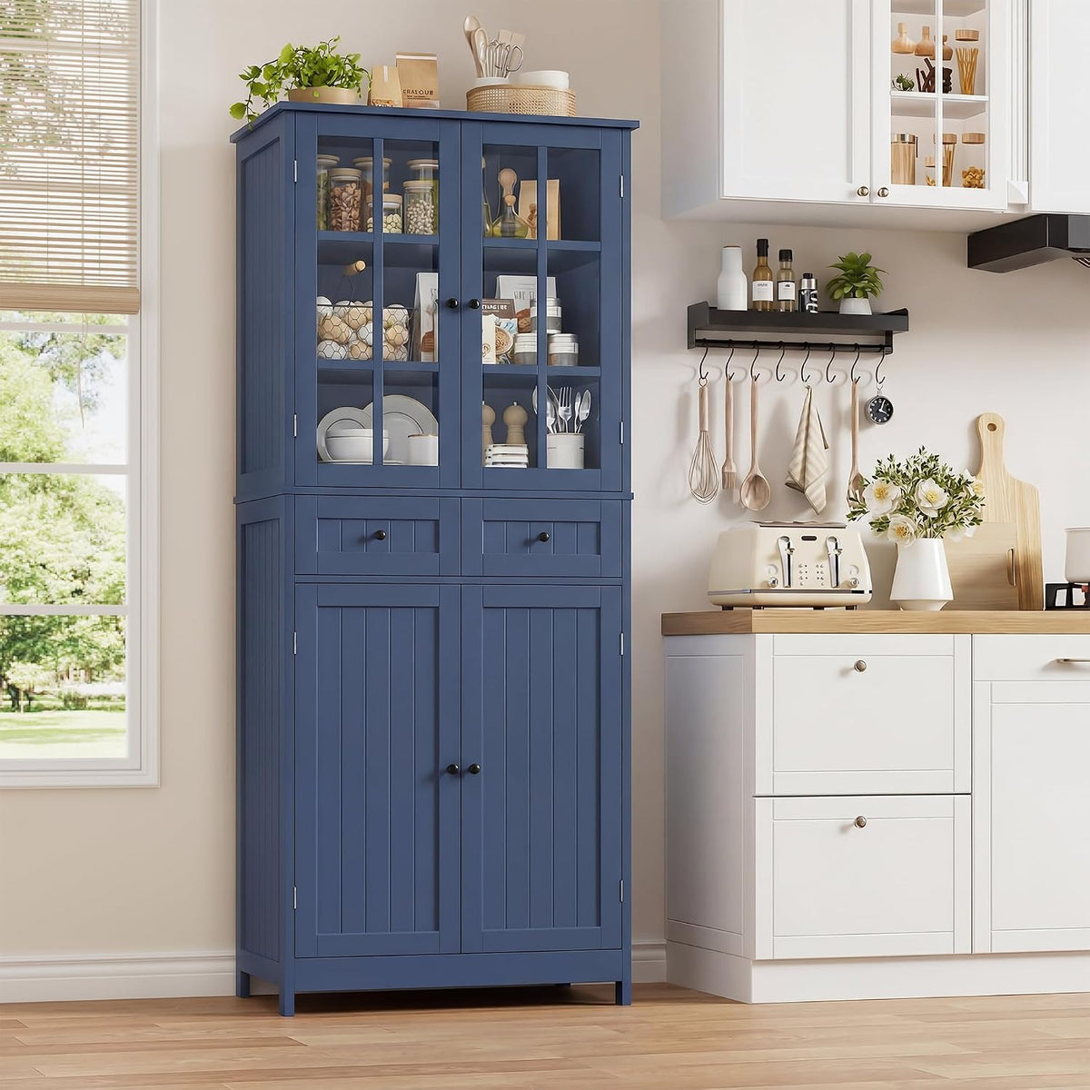 credenze e buffet HOCSOK 180 cm blu, HOCSOK Credenza Cucina, 180 cm Alta Mobile Dispensa Cucina con 2 Ante in Vetro