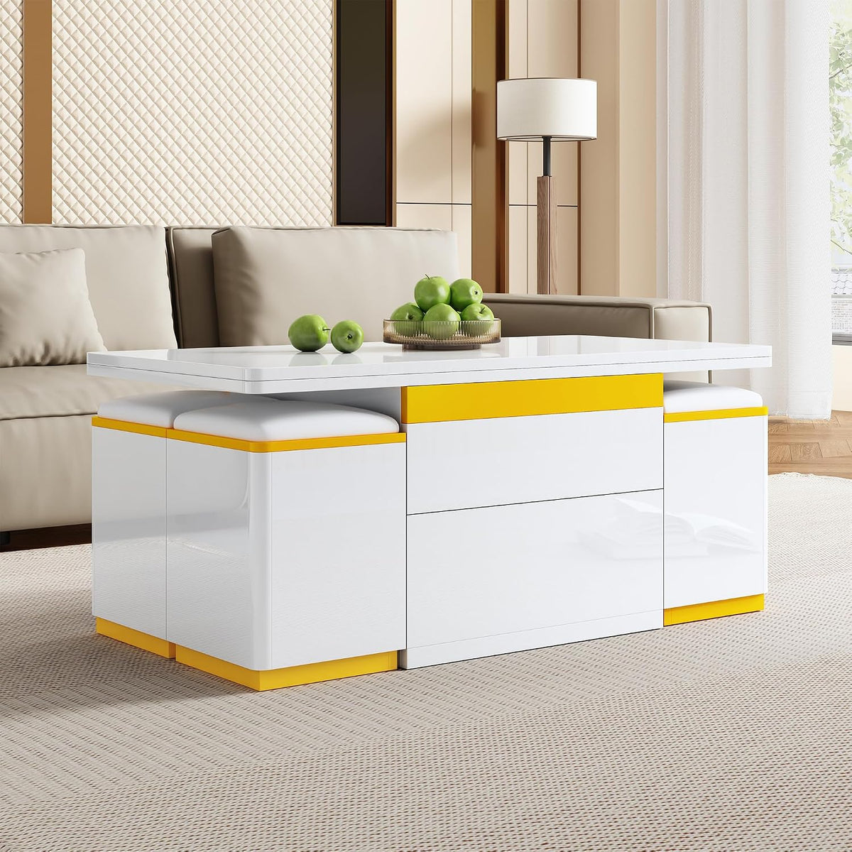 Lumivortex tavolino 100 x 50 x 43 cm regolabile bianco, include 4 sgabelli, tavolo da soggiorno con vano portaoggetti
