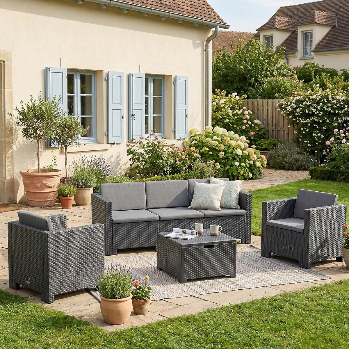 set da balcone Dmora antracite, Dmora - Set salotto da esterno Cerere, Salottino outdoor, Composizione soggiorno per esterni
