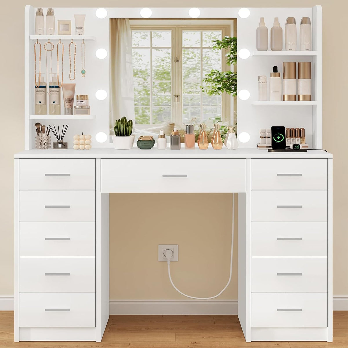 TEENFON toeletta con Specchio LED bianco, 3 Colori Regolabili, Postazione Trucco con Prese, 4 Ripiani,5 Ganci