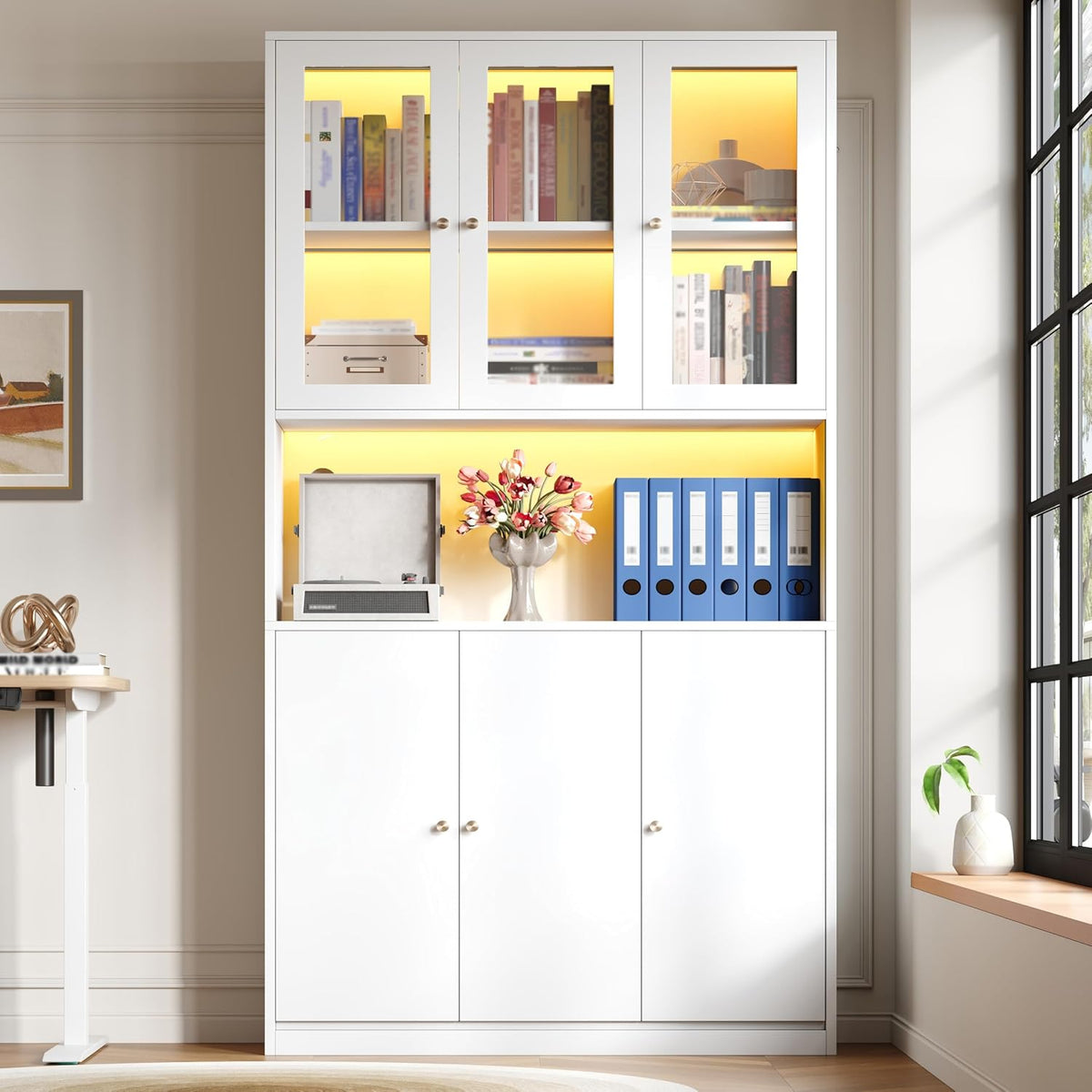 BENMWS libreria 100 × 35 × 200 cm, Libreria bianca 100 × 35 × 200 cm con ante in vetro, scaffale con vetrina